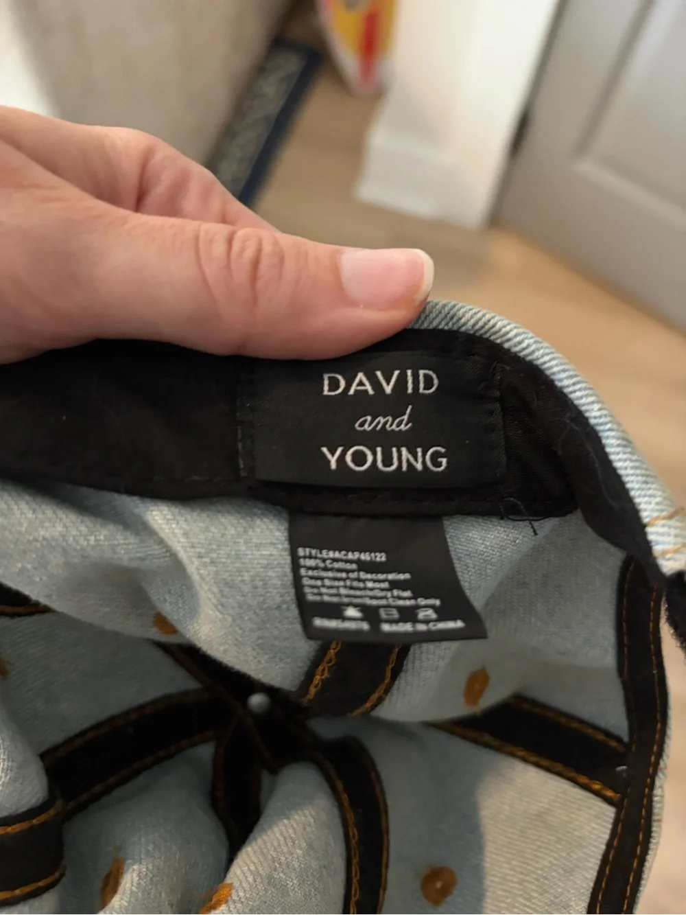 David and Young Light Blue Washed Denim Cap with Mustard Accents